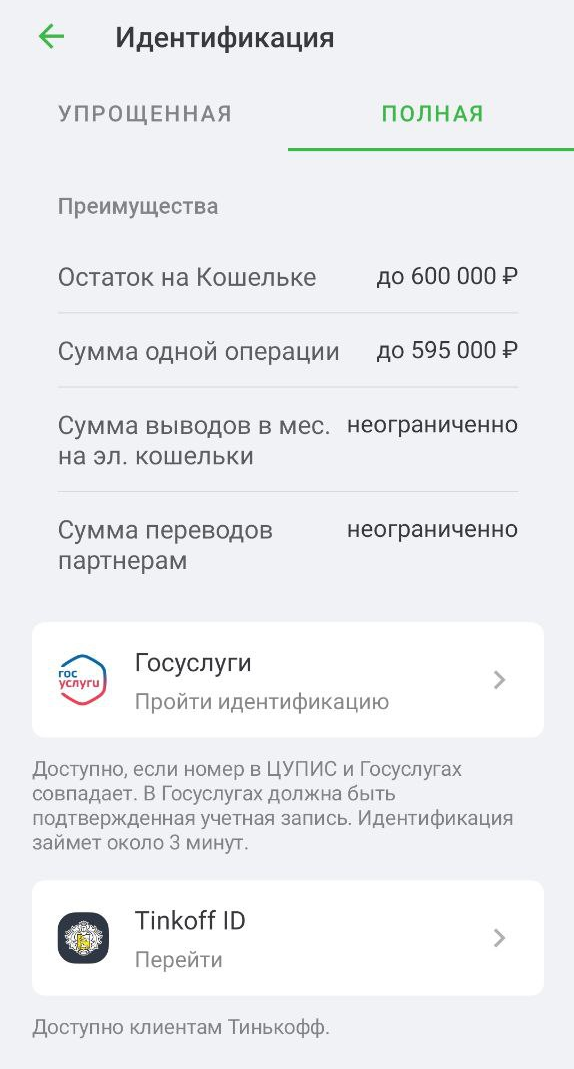 Полная идентификация через Госуслуги